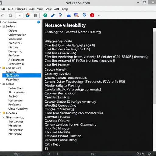 Screenshot of the NetScan interface performing a vulnerability scan, highlighting identified vulnerabilities.